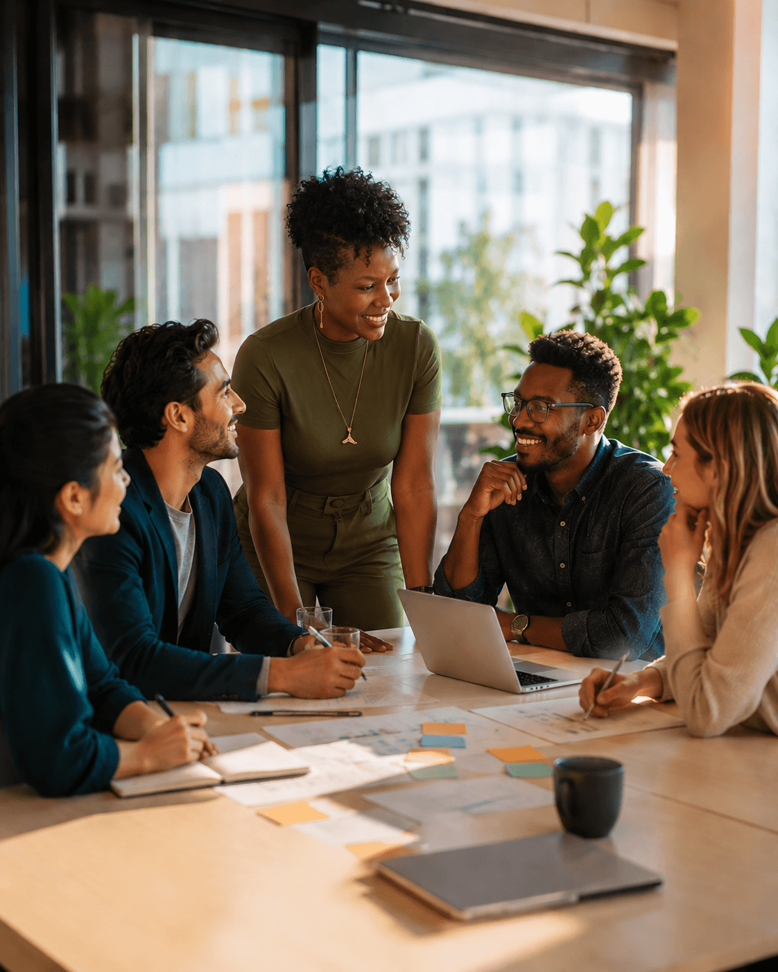 A collaborative team workshop in a light-filled meeting room.